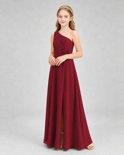 Dideyttawl One Shoulder Pleated Chiffon Junior Bridesmaid Dress with Slit and Back Bow