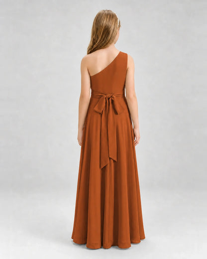 Dideyttawl One Shoulder Pleated Chiffon Junior Bridesmaid Dress with Slit and Back Bow