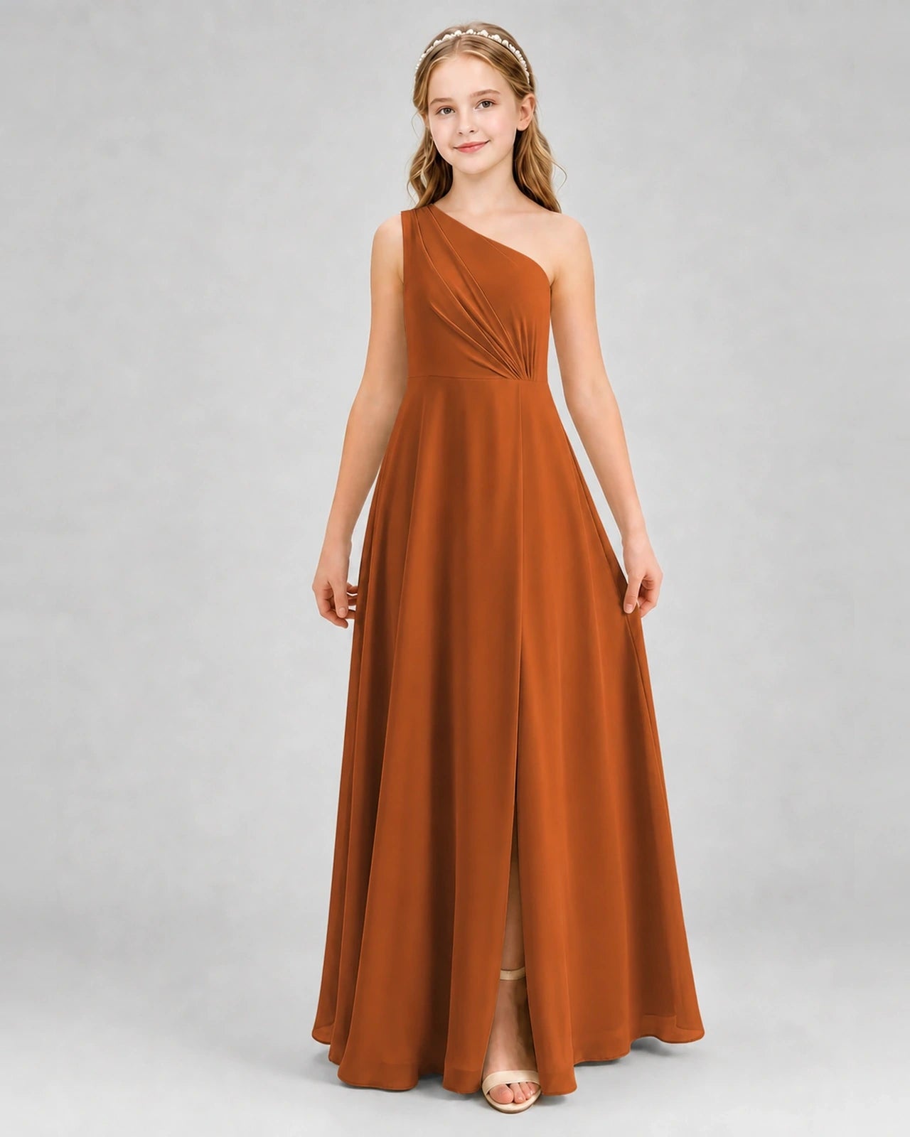 Dideyttawl One Shoulder Pleated Chiffon Junior Bridesmaid Dress with Slit and Back Bow