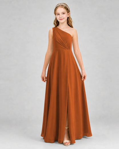 Dideyttawl One Shoulder Pleated Chiffon Junior Bridesmaid Dress with Slit and Back Bow