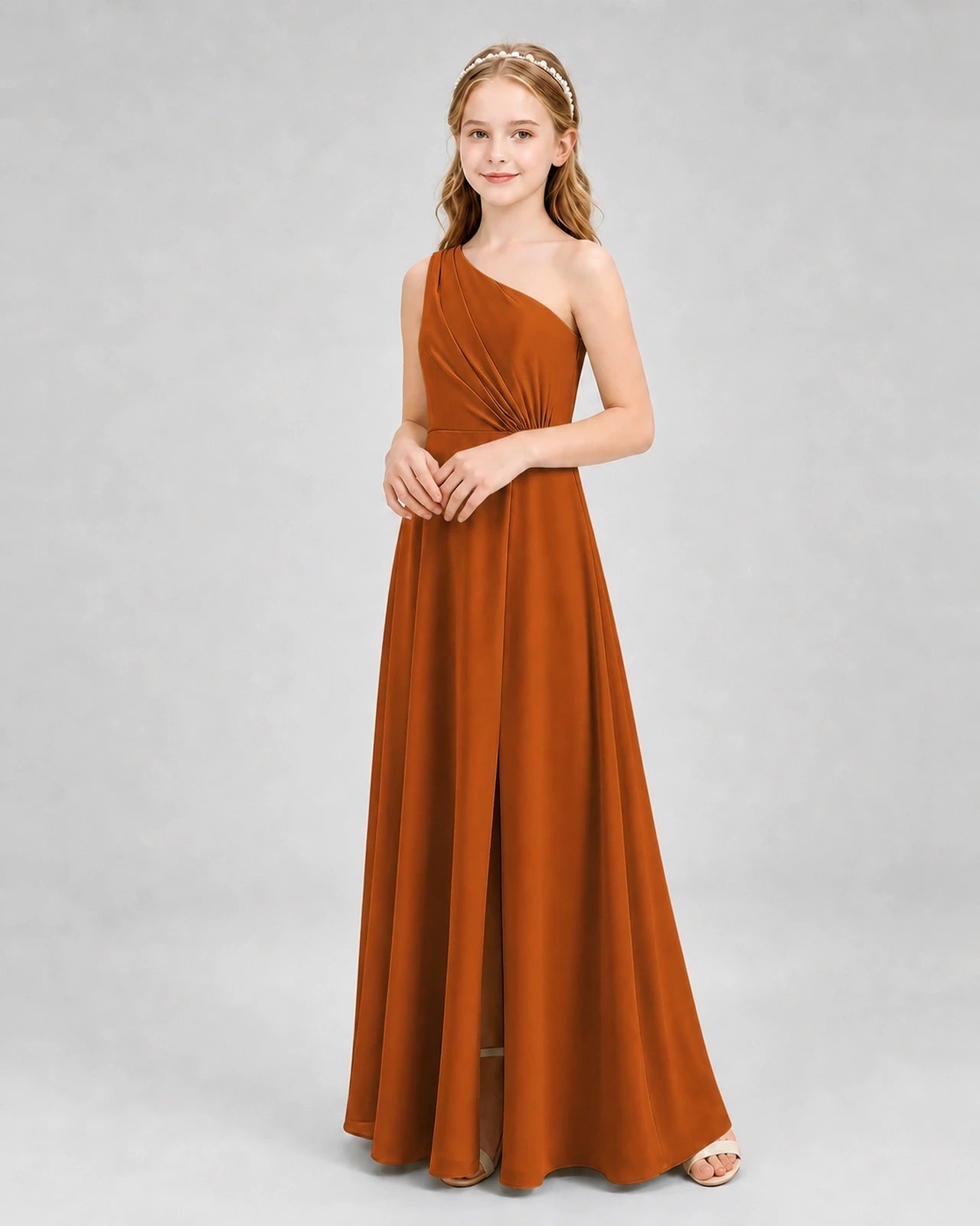 Dideyttawl One Shoulder Pleated Chiffon Junior Bridesmaid Dress with Slit and Back Bow