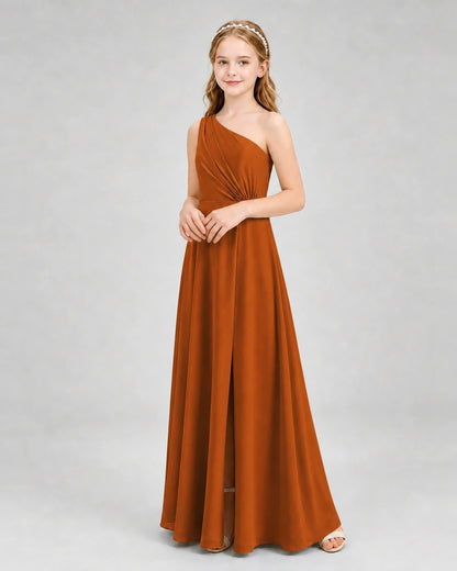 Dideyttawl One Shoulder Pleated Chiffon Junior Bridesmaid Dress with Slit and Back Bow