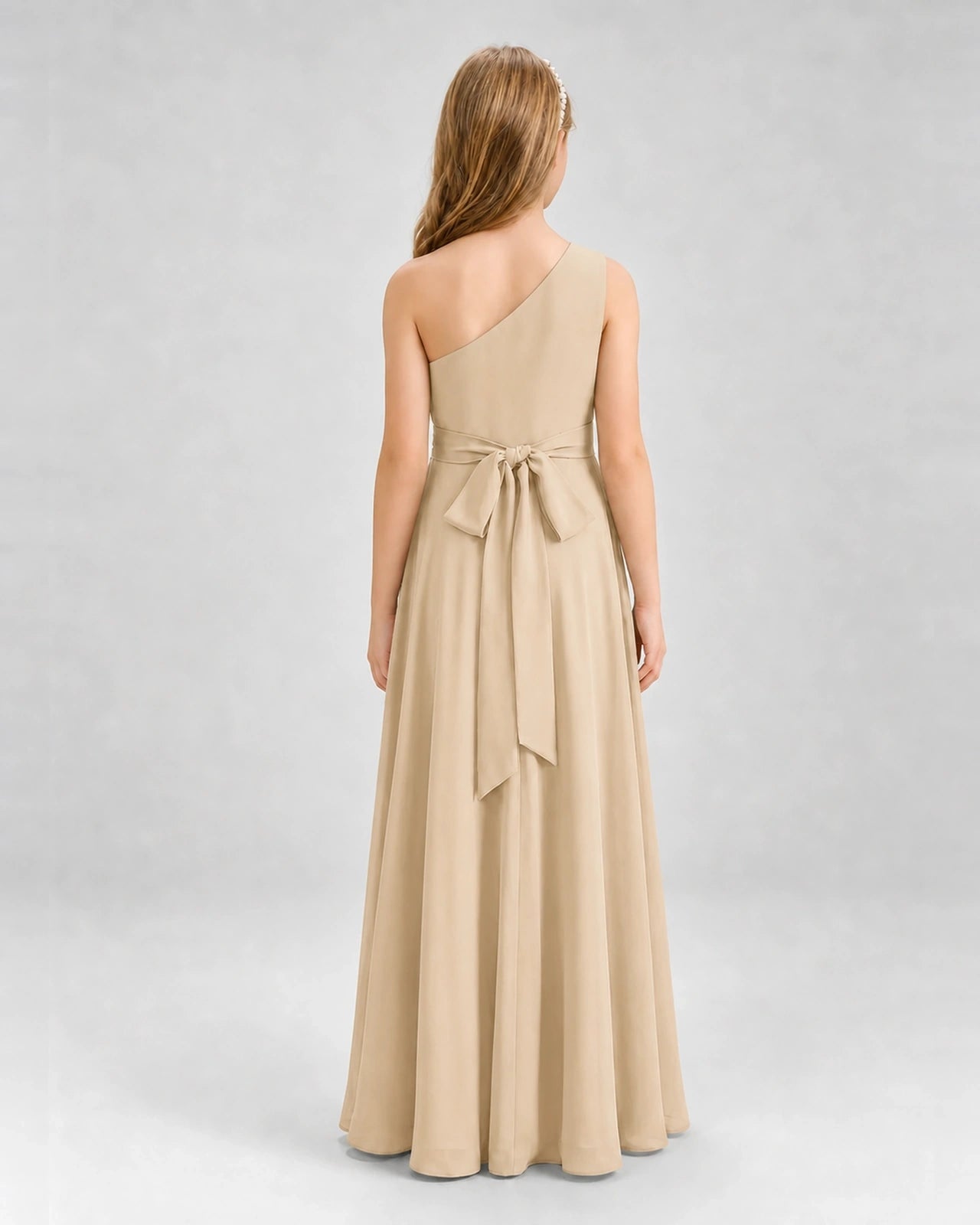 Dideyttawl One Shoulder Pleated Chiffon Junior Bridesmaid Dress with Slit and Back Bow