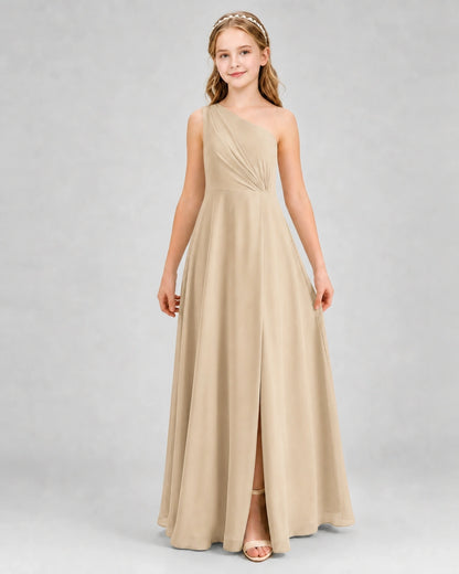 Dideyttawl One Shoulder Pleated Chiffon Junior Bridesmaid Dress with Slit and Back Bow