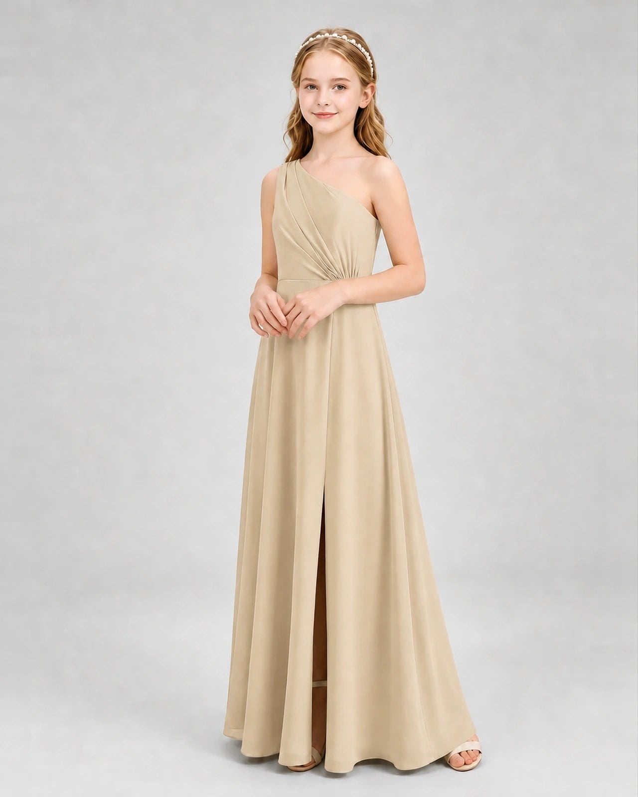 Dideyttawl One Shoulder Pleated Chiffon Junior Bridesmaid Dress with Slit and Back Bow