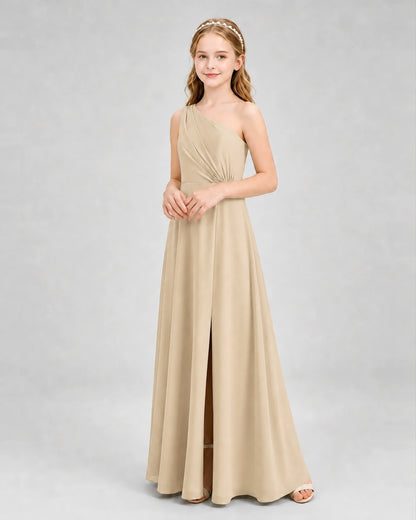 Dideyttawl One Shoulder Pleated Chiffon Junior Bridesmaid Dress with Slit and Back Bow