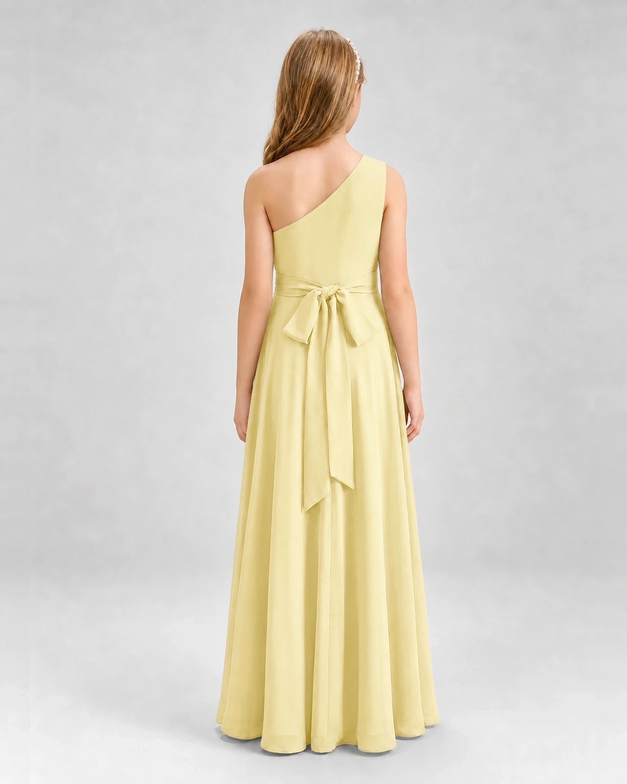 Dideyttawl One Shoulder Pleated Chiffon Junior Bridesmaid Dress with Slit and Back Bow
