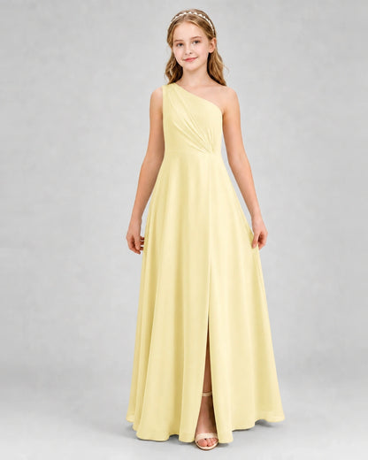 Dideyttawl One Shoulder Pleated Chiffon Junior Bridesmaid Dress with Slit and Back Bow