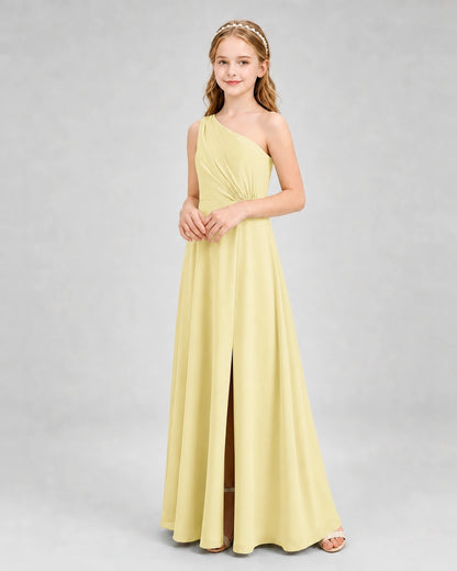 Dideyttawl One Shoulder Pleated Chiffon Junior Bridesmaid Dress with Slit and Back Bow