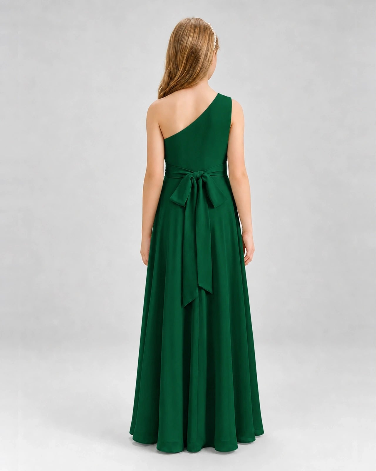 Dideyttawl One Shoulder Pleated Chiffon Junior Bridesmaid Dress with Slit and Back Bow