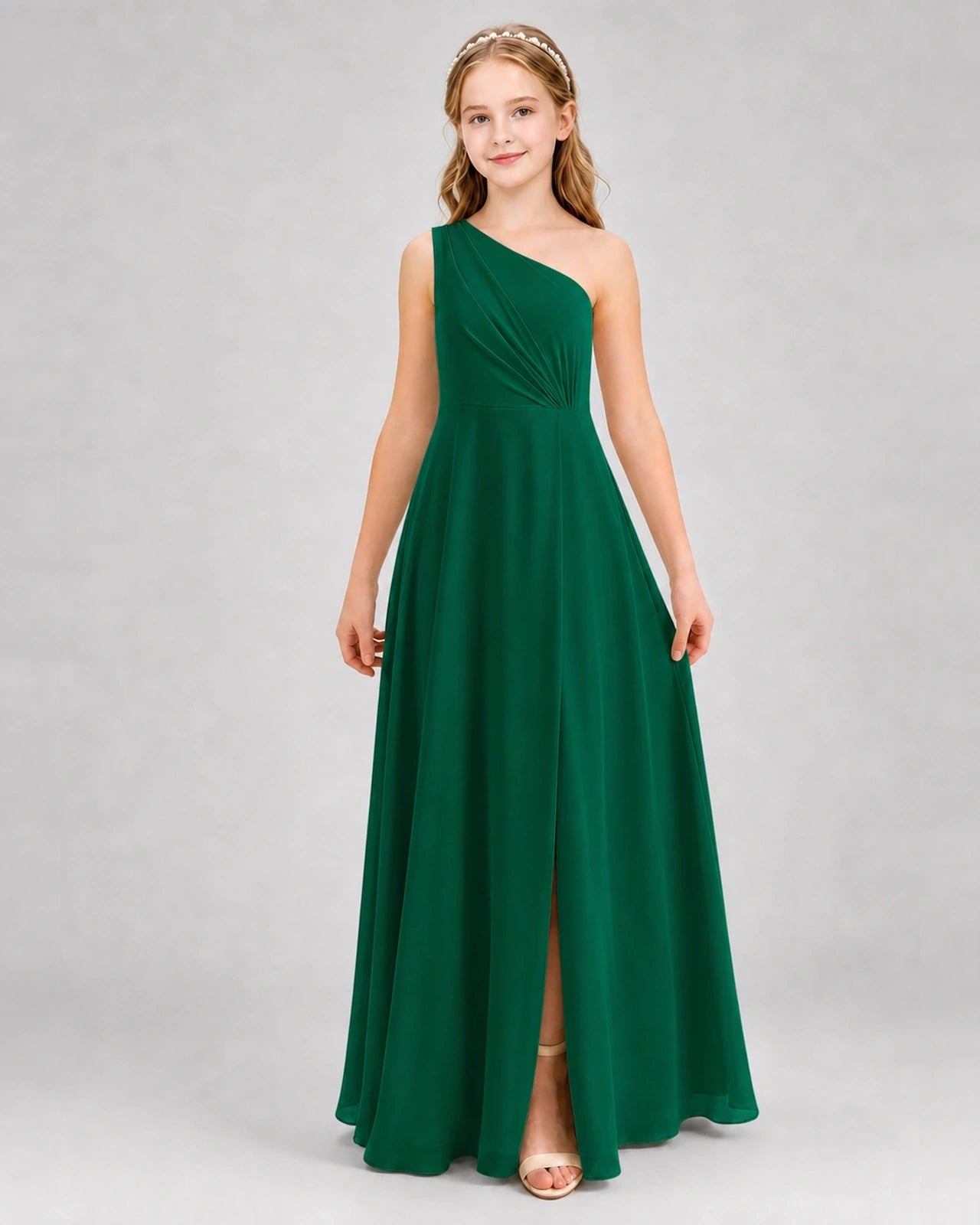 Dideyttawl One Shoulder Pleated Chiffon Junior Bridesmaid Dress with Slit and Back Bow