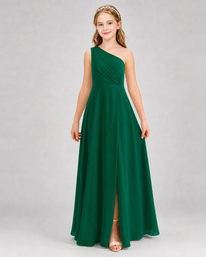 Dideyttawl One Shoulder Pleated Chiffon Junior Bridesmaid Dress with Slit and Back Bow