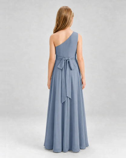 Dideyttawl One Shoulder Pleated Chiffon Junior Bridesmaid Dress with Slit and Back Bow