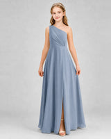 Dusty Blue Chiffon One Shoulder Junior Bridesmaid Dresses Front View