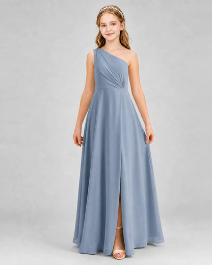 Dideyttawl One Shoulder Pleated Chiffon Junior Bridesmaid Dress with Slit and Back Bow