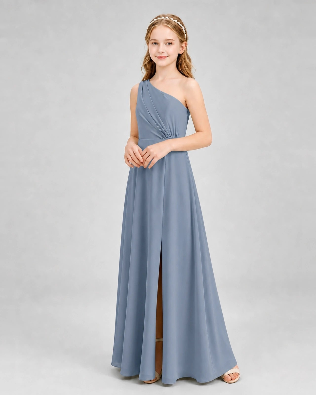 Dideyttawl One Shoulder Pleated Chiffon Junior Bridesmaid Dress with Slit and Back Bow