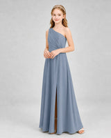 Dusty Blue Chiffon One-Shoulder Junior Bridesmaid Dresses Side View