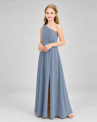 Dideyttawl One Shoulder Pleated Chiffon Junior Bridesmaid Dress with Slit and Back Bow