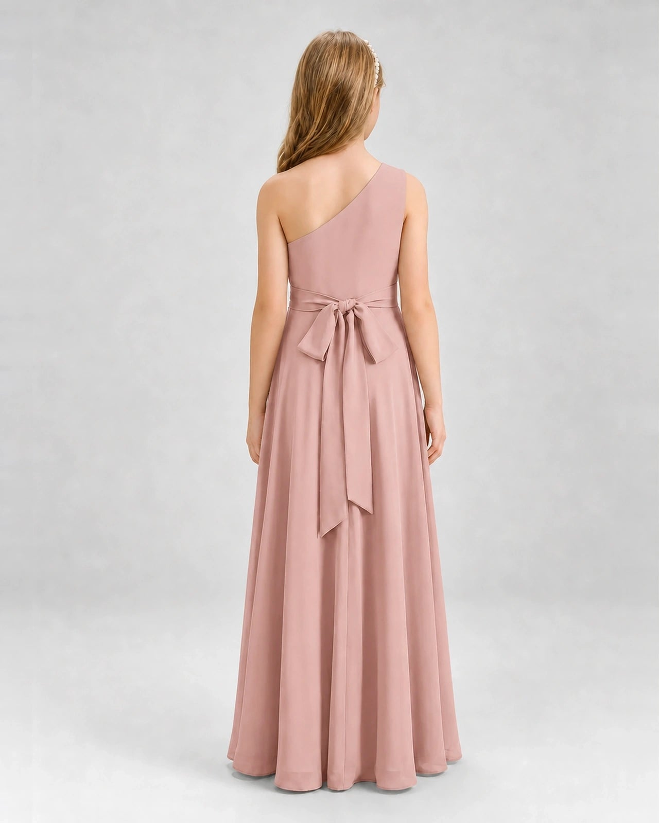 Dideyttawl One Shoulder Pleated Chiffon Junior Bridesmaid Dress with Slit and Back Bow