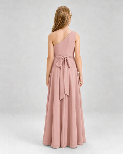 Dideyttawl One Shoulder Pleated Chiffon Junior Bridesmaid Dress with Slit and Back Bow
