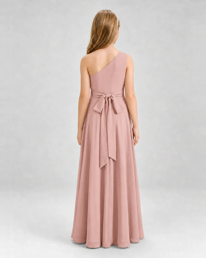 Dusty Rose Chiffon One-Shoulder Junior Bridesmaid Dresses Back View