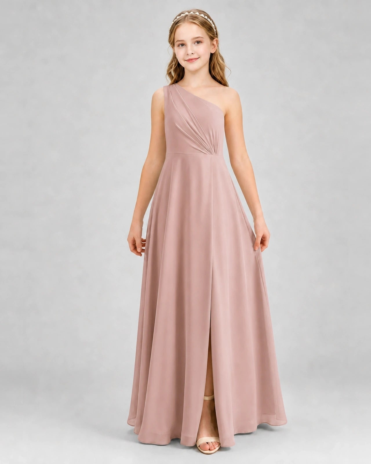 Dideyttawl One Shoulder Pleated Chiffon Junior Bridesmaid Dress with Slit and Back Bow