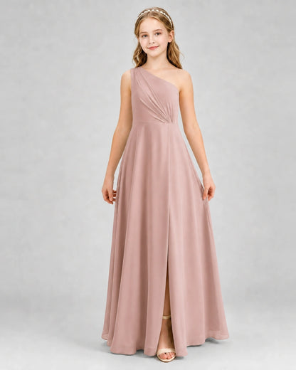 Dideyttawl One Shoulder Pleated Chiffon Junior Bridesmaid Dress with Slit and Back Bow
