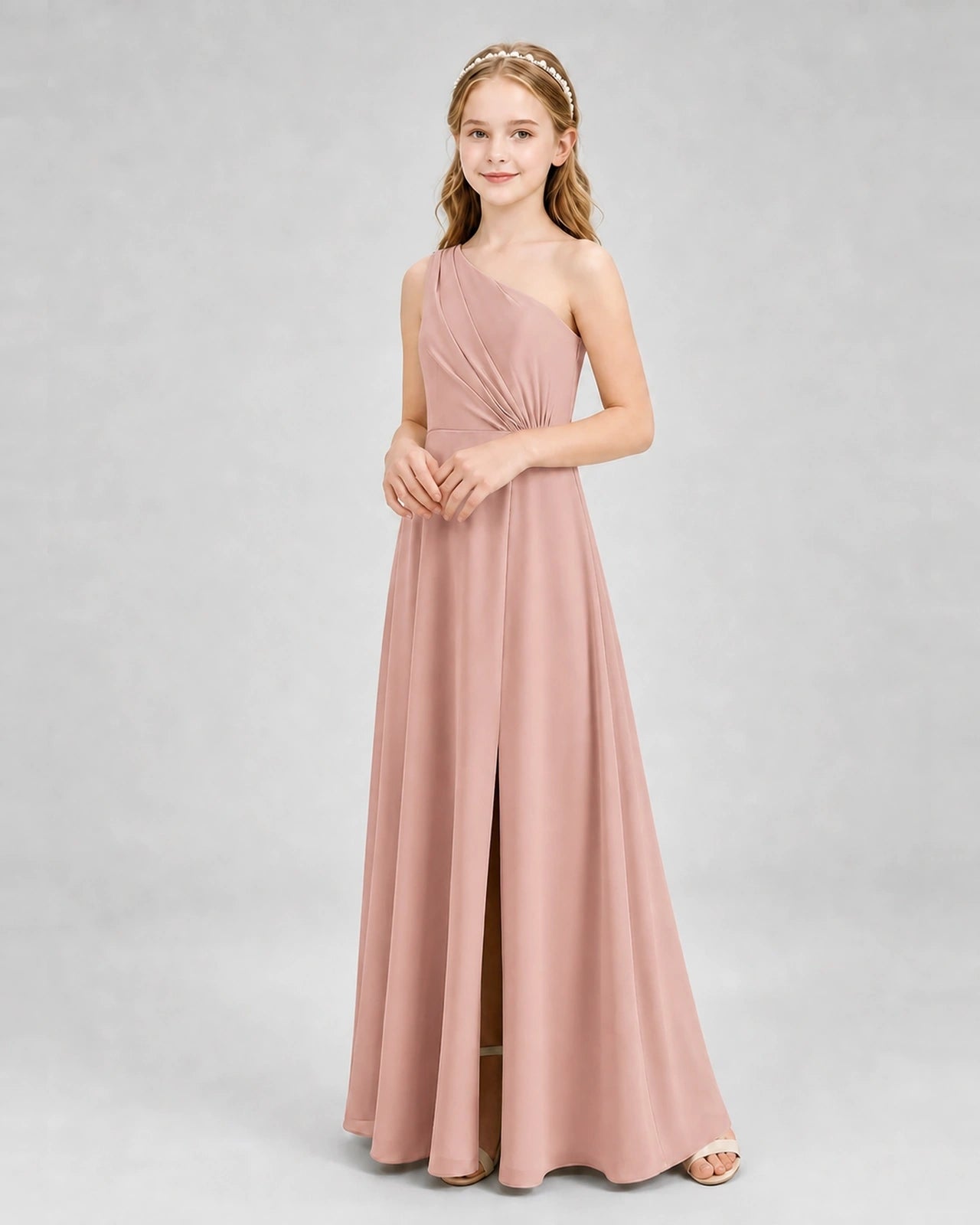 Dideyttawl One Shoulder Pleated Chiffon Junior Bridesmaid Dress with Slit and Back Bow