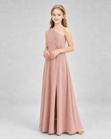 Dusty Rose Chiffon One-Shoulder Junior Bridesmaid Dresses Side View