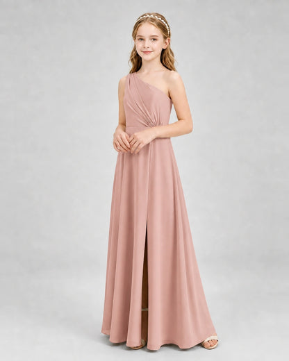 Dideyttawl One Shoulder Pleated Chiffon Junior Bridesmaid Dress with Slit and Back Bow