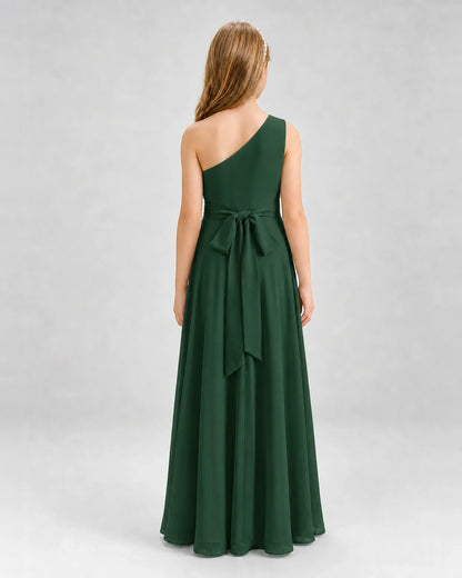 Dideyttawl One Shoulder Pleated Chiffon Junior Bridesmaid Dress with Slit and Back Bow