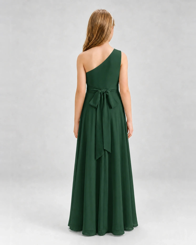 Emerald Green Chiffon One-Shoulder Junior Bridesmaid Dresses Back View