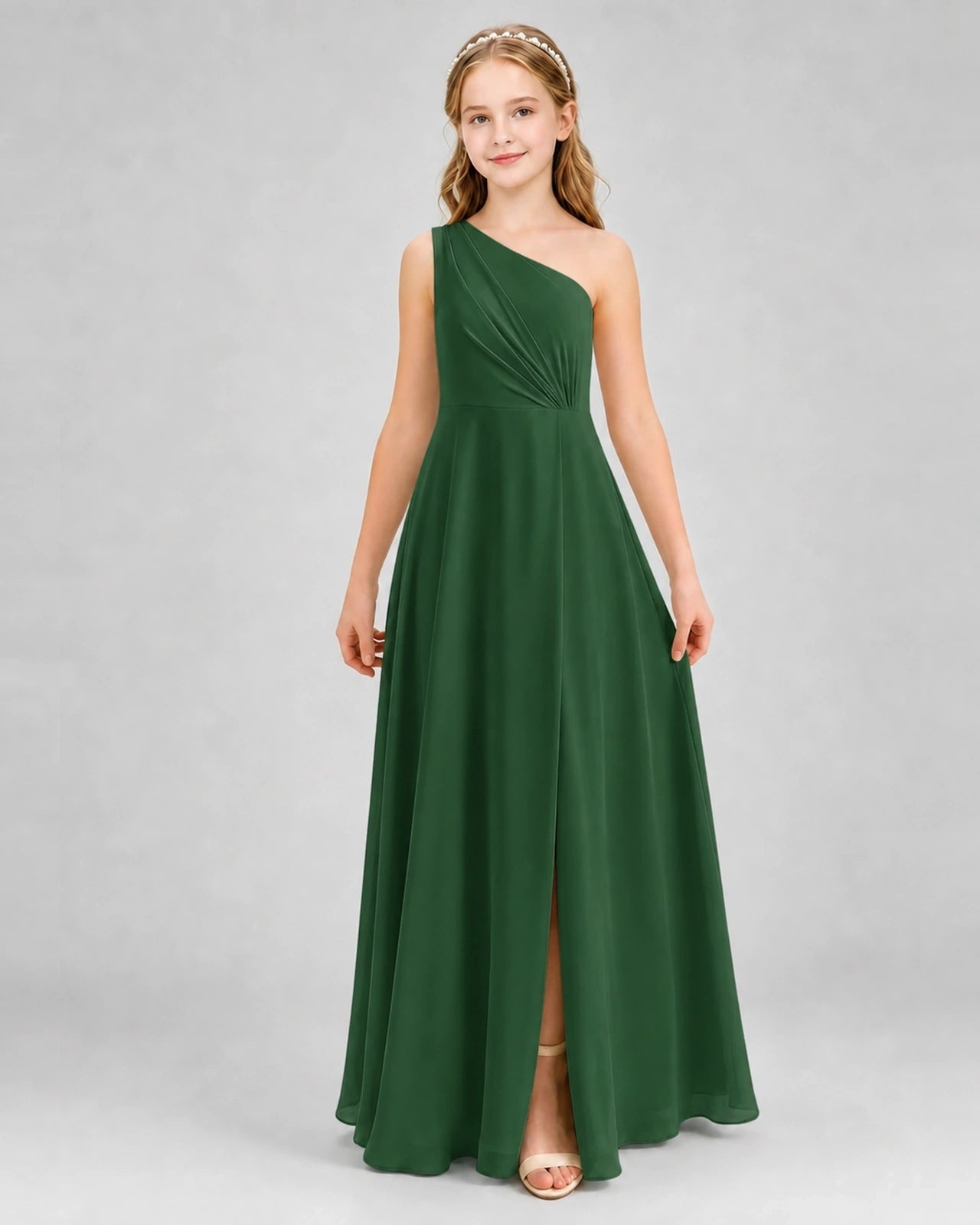 Dideyttawl One Shoulder Pleated Chiffon Junior Bridesmaid Dress with Slit and Back Bow