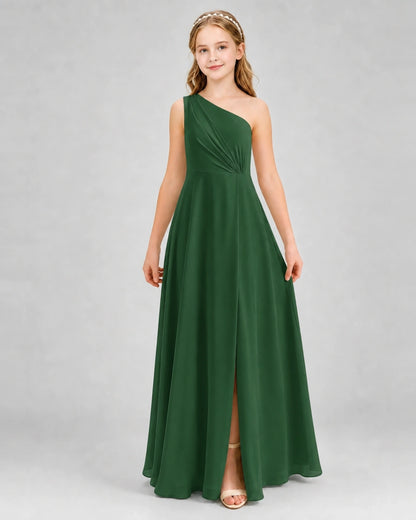 Dideyttawl One Shoulder Pleated Chiffon Junior Bridesmaid Dress with Slit and Back Bow