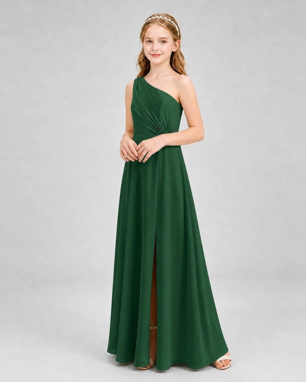 Dideyttawl One Shoulder Pleated Chiffon Junior Bridesmaid Dress with Slit and Back Bow
