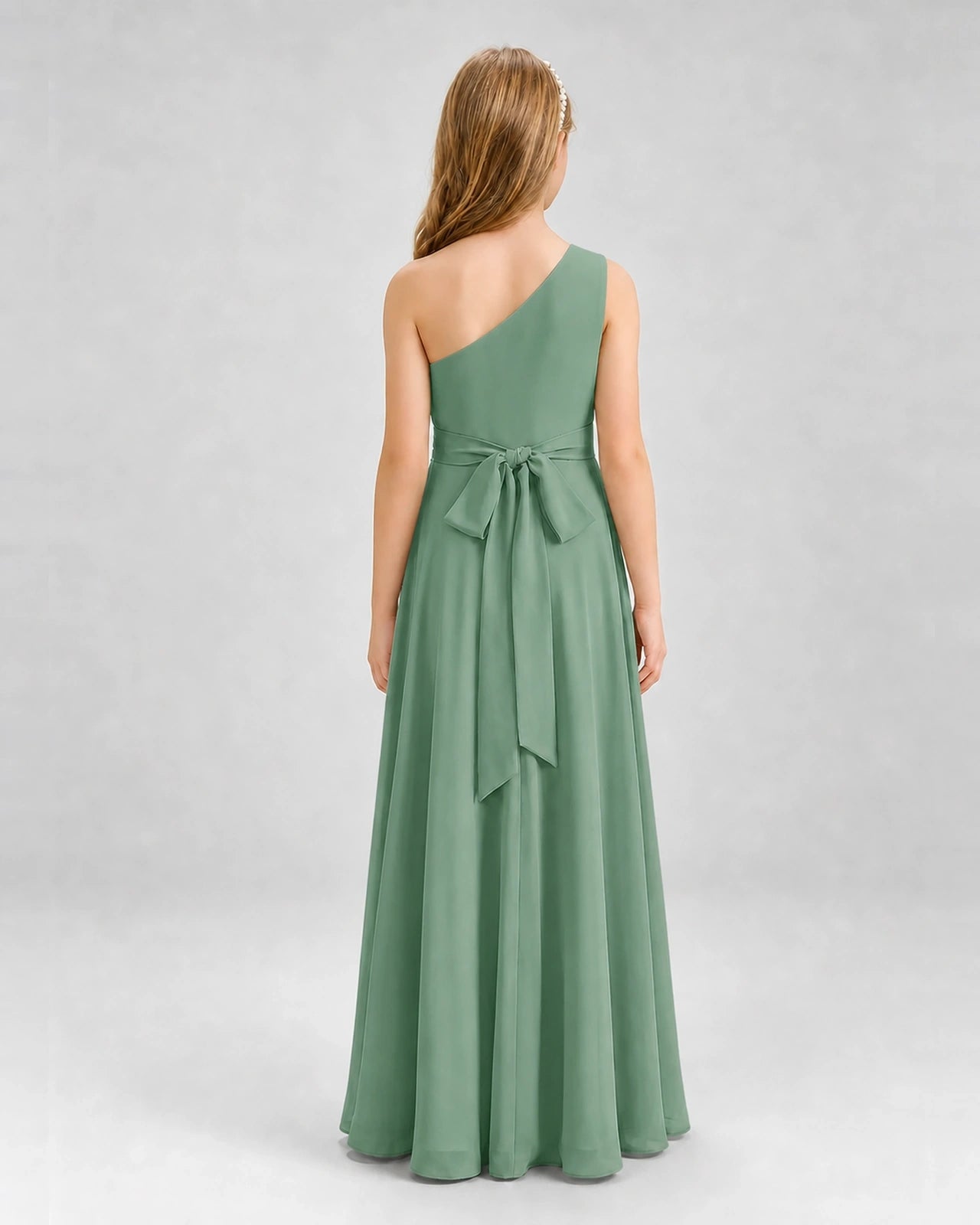 Dideyttawl One Shoulder Pleated Chiffon Junior Bridesmaid Dress with Slit and Back Bow