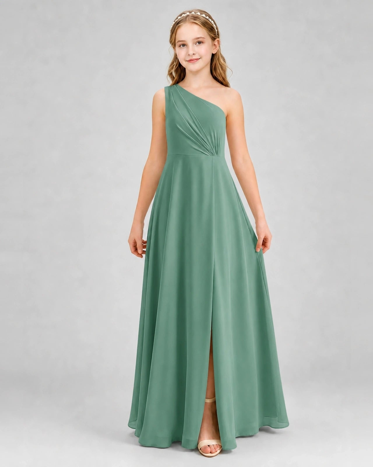Eucalyptus Chiffon One Shoulder A Line Junior Bridesmaid Dresses Front View