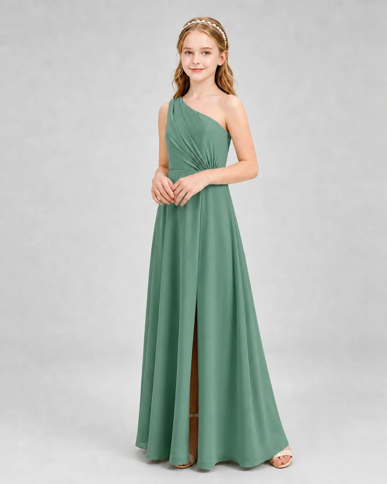 Dideyttawl One Shoulder Pleated Chiffon Junior Bridesmaid Dress with Slit and Back Bow