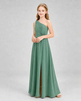 Eucalyptus Chiffon One-Shoulder Junior Bridesmaid Dresses Side View