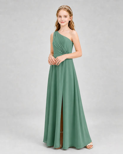 Dideyttawl One Shoulder Pleated Chiffon Junior Bridesmaid Dress with Slit and Back Bow