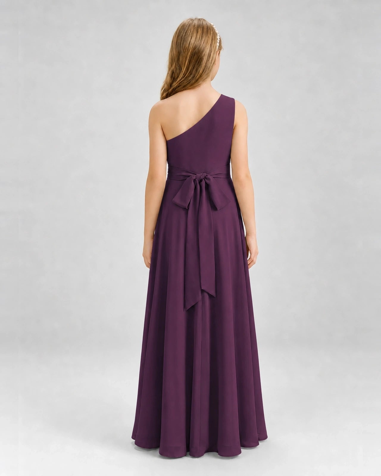 Dideyttawl One Shoulder Pleated Chiffon Junior Bridesmaid Dress with Slit and Back Bow