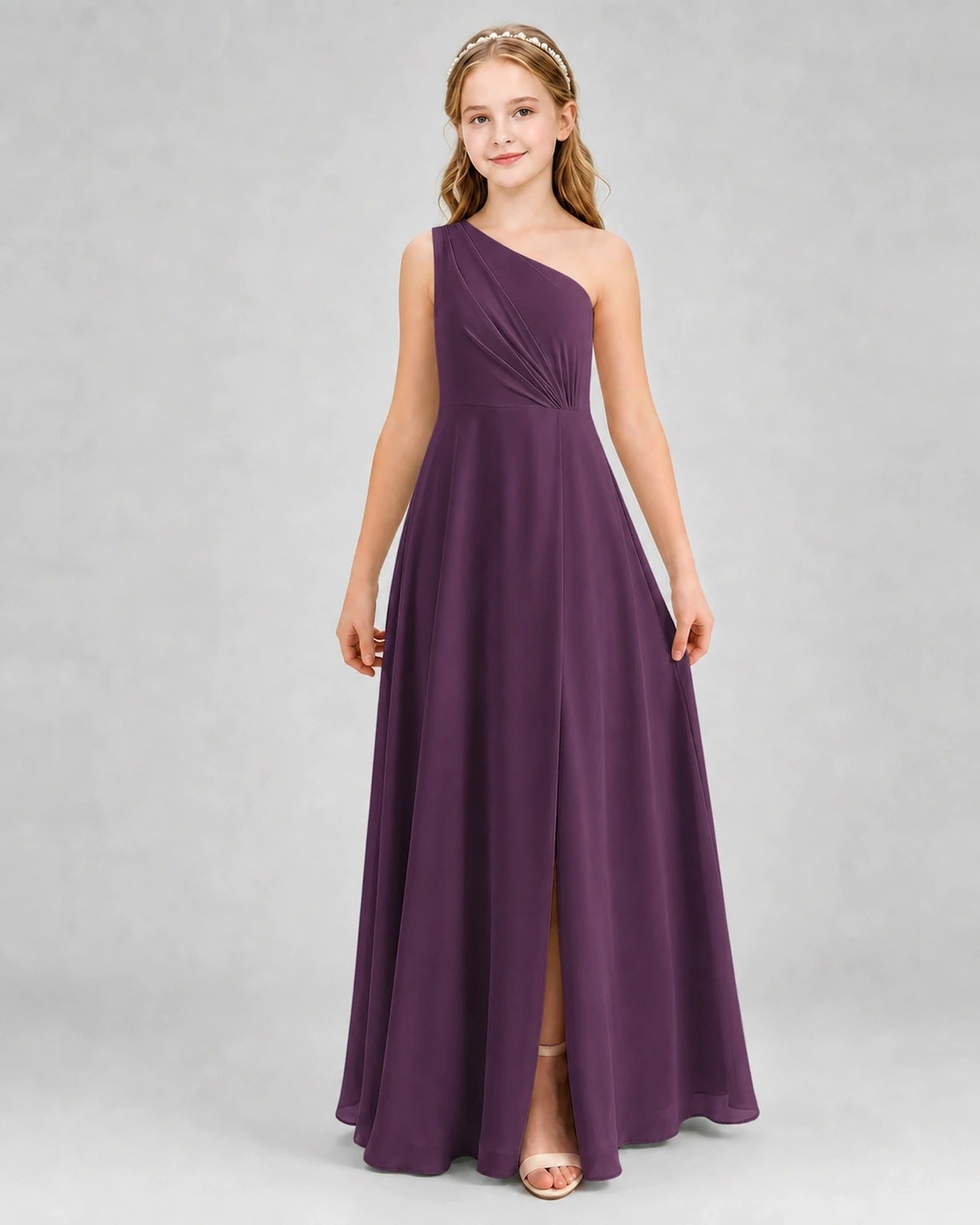 Dideyttawl One Shoulder Pleated Chiffon Junior Bridesmaid Dress with Slit and Back Bow