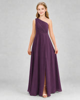 Grape Chiffon One-Shoulder Junior Bridesmaid Dresses Front View
