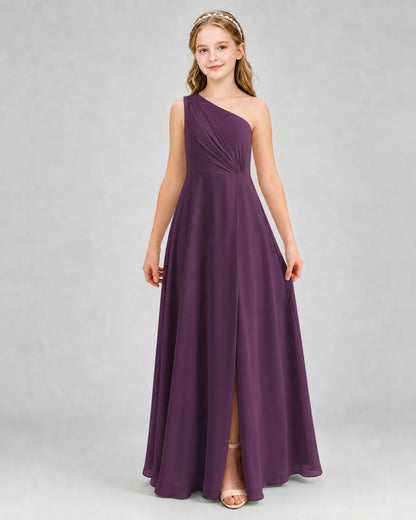 Dideyttawl One Shoulder Pleated Chiffon Junior Bridesmaid Dress with Slit and Back Bow