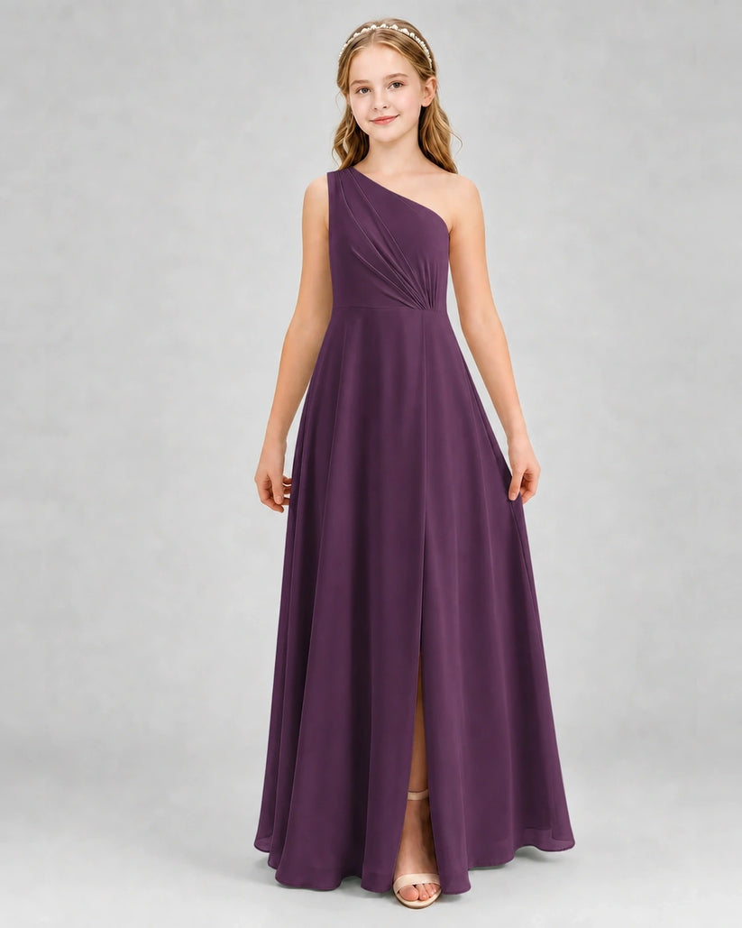 Grape Chiffon One-Shoulder Junior Bridesmaid Dresses Front View