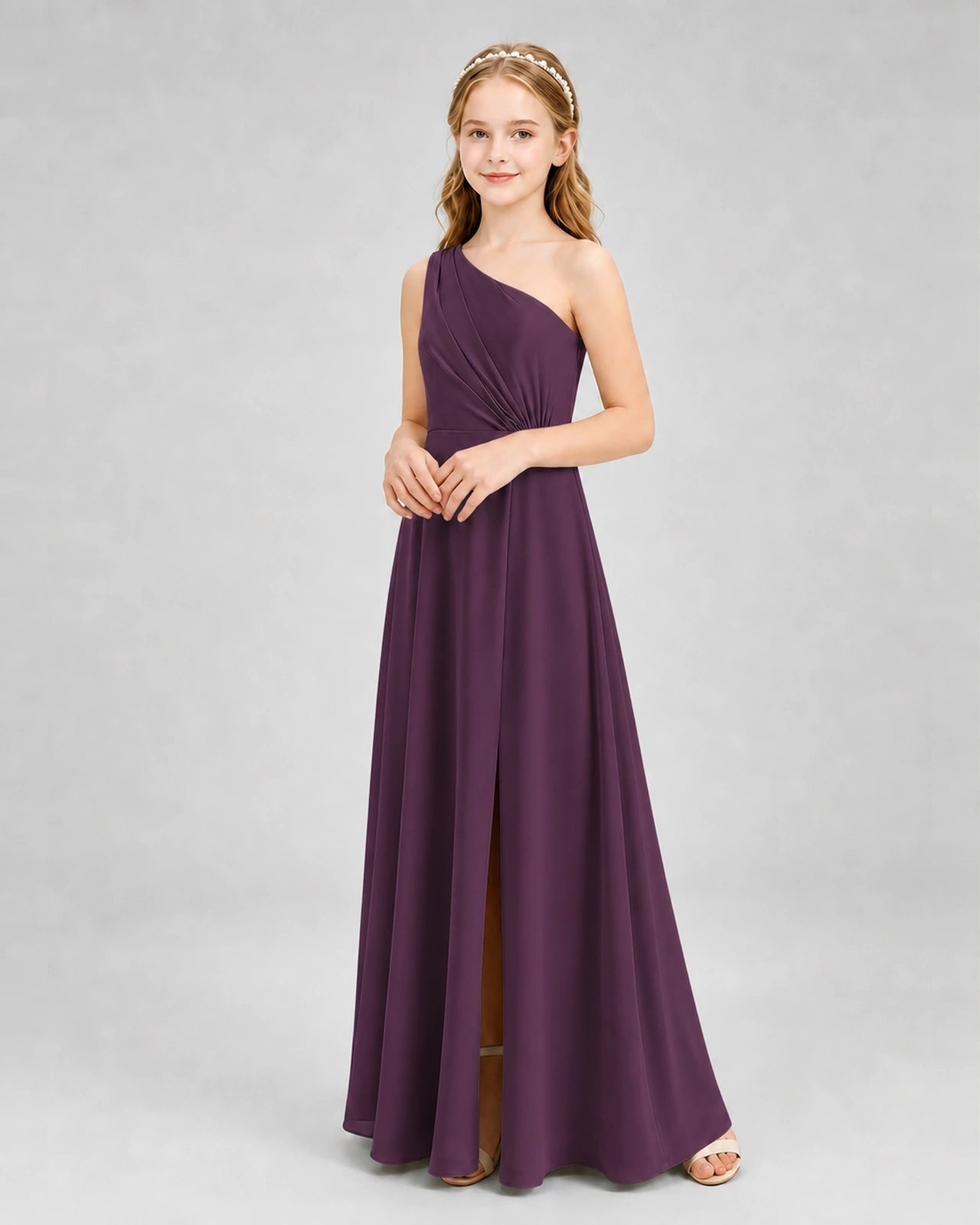 Dideyttawl One Shoulder Pleated Chiffon Junior Bridesmaid Dress with Slit and Back Bow