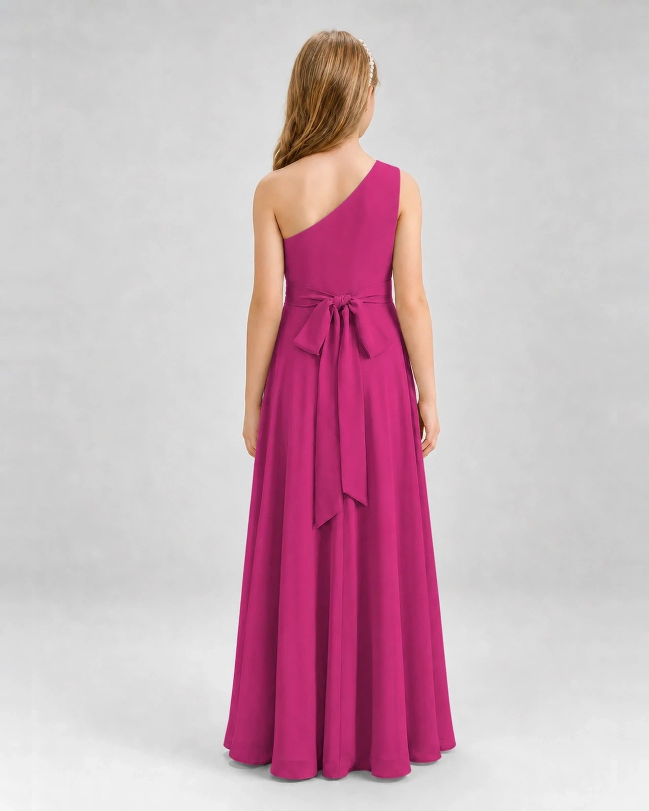 Dideyttawl One Shoulder Pleated Chiffon Junior Bridesmaid Dress with Slit and Back Bow