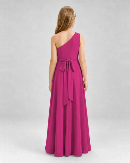 Dideyttawl One Shoulder Pleated Chiffon Junior Bridesmaid Dress with Slit and Back Bow