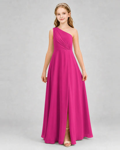 Dideyttawl One Shoulder Pleated Chiffon Junior Bridesmaid Dress with Slit and Back Bow