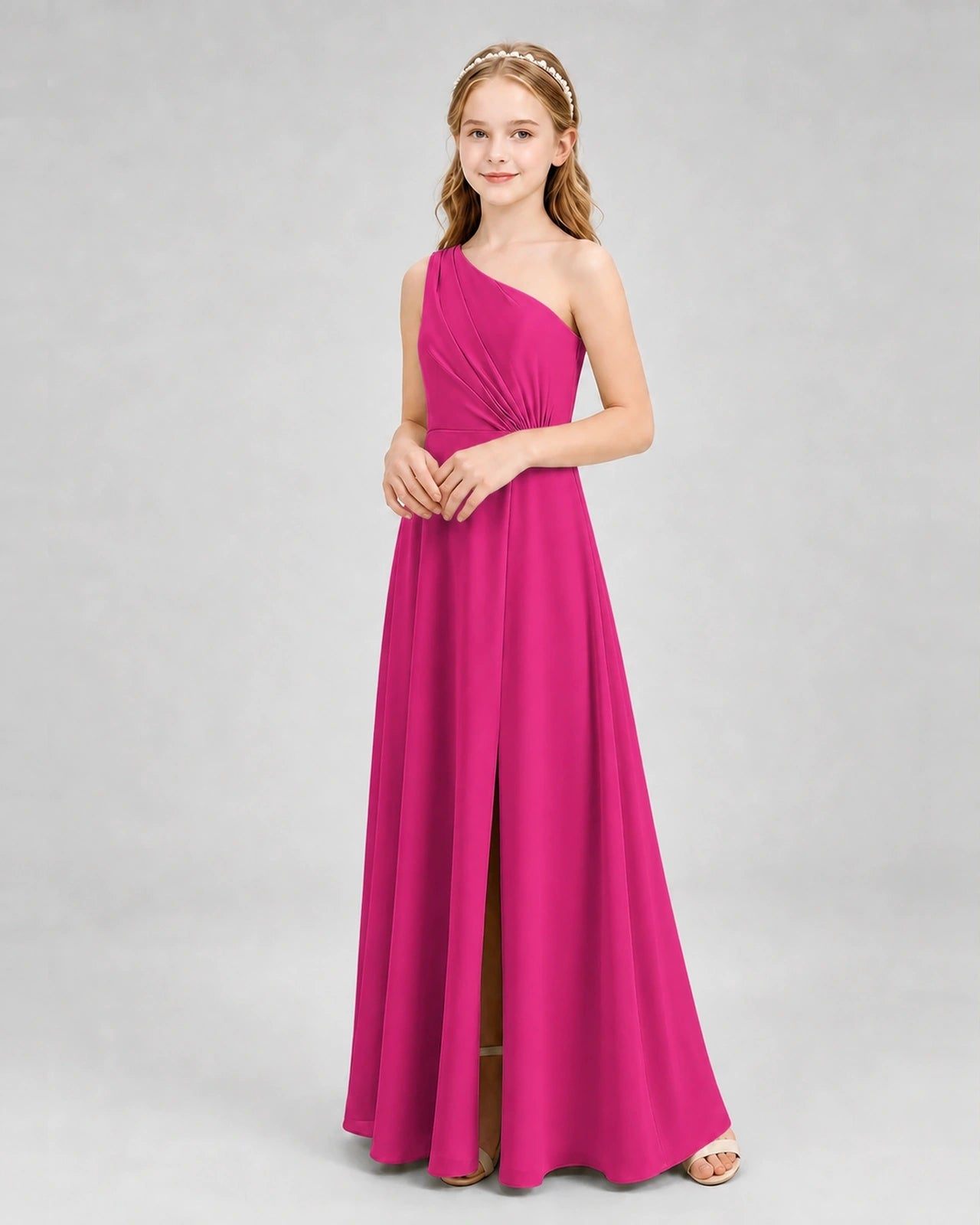 Dideyttawl One Shoulder Pleated Chiffon Junior Bridesmaid Dress with Slit and Back Bow
